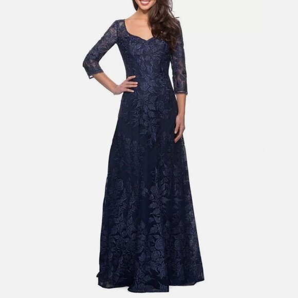 La Femme Dresses & Skirts - La Femme Womens Navy Floral Embroidered Mesh A-Line Gown Sz 6